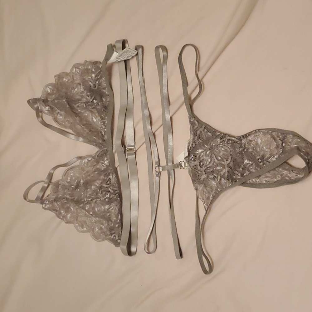 SHEIN XL Gray Lace Straps Bra & Panty Set